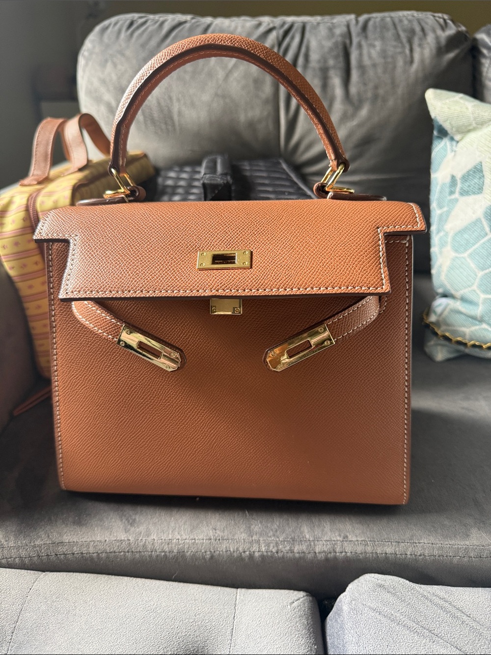 Structured Top-Handle Satchel in Cognac Brown Leather